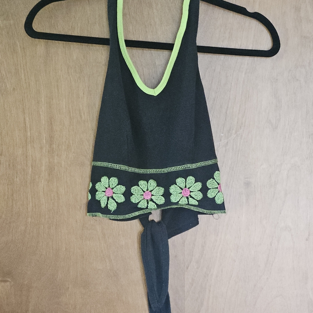 Vintage Black Crop Halter Top Green/Pink Floral Embroidery Back Tie Knot Women M